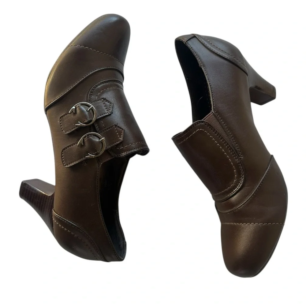 Women's Brown Leather Buckle Dress Heels